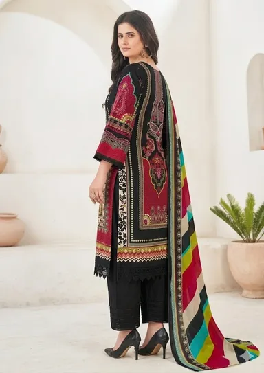 Women’s Cream & Purple Floral Printed Salwar Suit Set with Dupatta | Elegant Ethnic Straight Kurta Palazzo Set for Festive, Party & Daily Wear India Midnight Black Multi XXL thumbnail 1