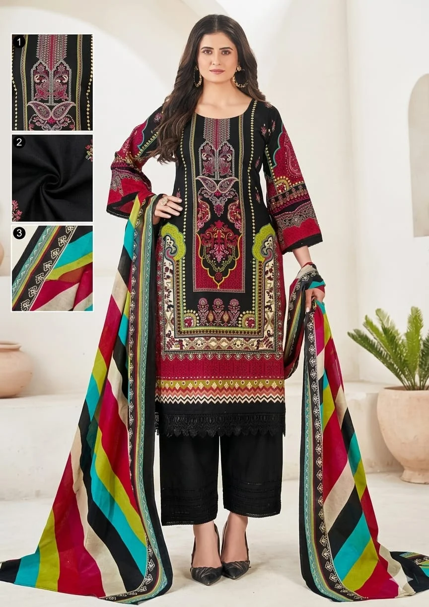 Women’s Cream & Purple Floral Printed Salwar Suit Set with Dupatta | Elegant Ethnic Straight Kurta Palazzo Set for Festive, Party & Daily Wear India Midnight Black Multi XXL image 3
