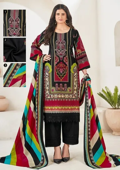 Women’s Cream & Purple Floral Printed Salwar Suit Set with Dupatta | Elegant Ethnic Straight Kurta Palazzo Set for Festive, Party & Daily Wear India Midnight Black Multi XXL thumbnail 2