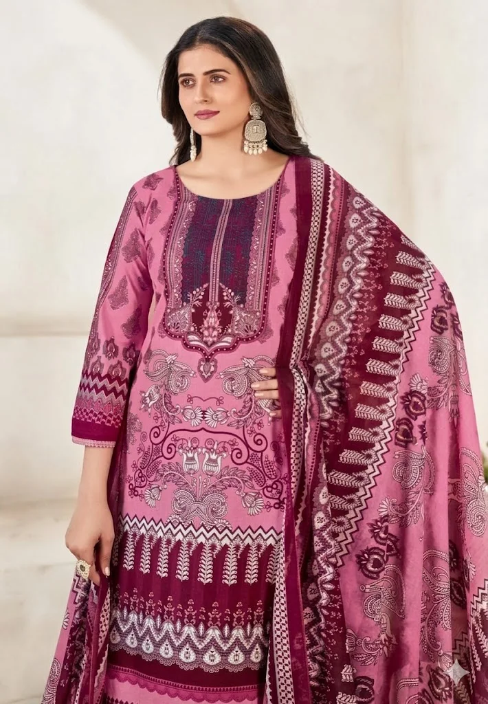 Women’s Cream & Purple Floral Printed Salwar Suit Set with Dupatta – Elegant Ethnic Straight Kurta Palazzo Set for Festive, Party & Daily Wear India Pink & Magenta XXL image 1