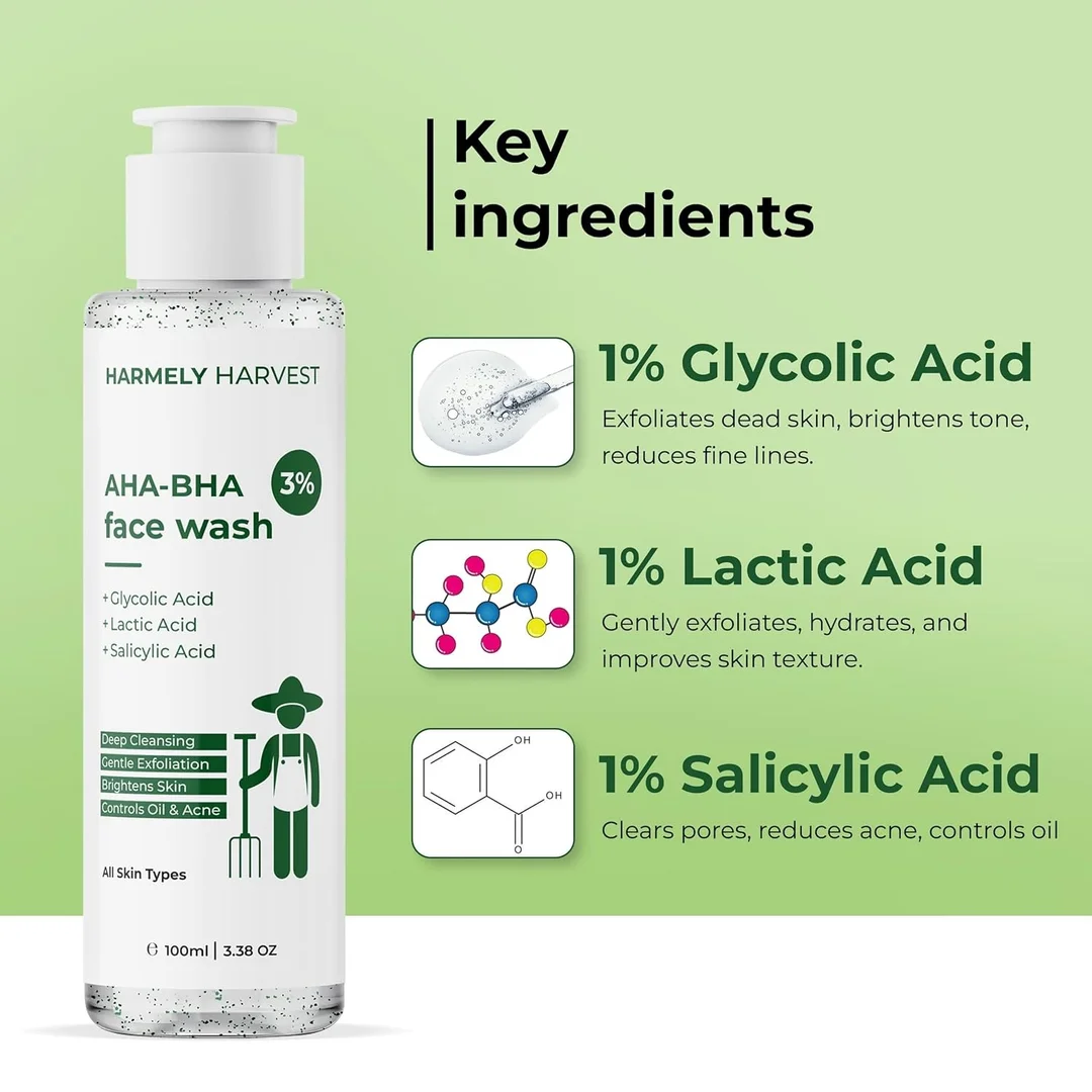 HARMELY HARVEST 3% AHA | BHA Face Wash for Acne-Prone & Oily Skin | Brightens, Exfoliates & Controls Breakouts | With 1% Salicylic Acid, 1% Glycolic Acid & 1% Lactic Acid | Suitable for Women & Men | All Skin Types | 100 ml image 4