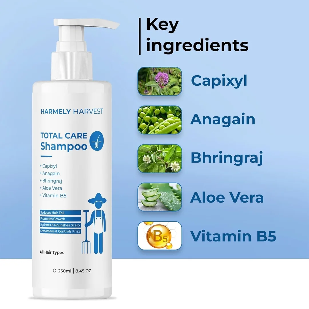 ARMELY HARVEST Total Care Anti Hair Fall Shampoo with Capixyl, Anagain, Bhringraj, Aloe Vera & Vitamin B5 | Sulphate & Silicone Free, Frizz Control, Nourishes Scalp & Strengthens Hair | Suitable for All Hair Types | 250 ml |  image 2