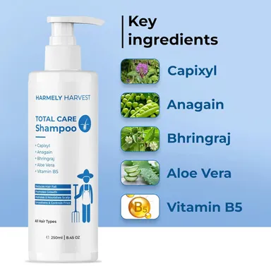 ARMELY HARVEST Total Care Anti Hair Fall Shampoo with Capixyl, Anagain, Bhringraj, Aloe Vera & Vitamin B5 | Sulphate & Silicone Free, Frizz Control, Nourishes Scalp & Strengthens Hair | Suitable for All Hair Types | 250 ml |  thumbnail 1
