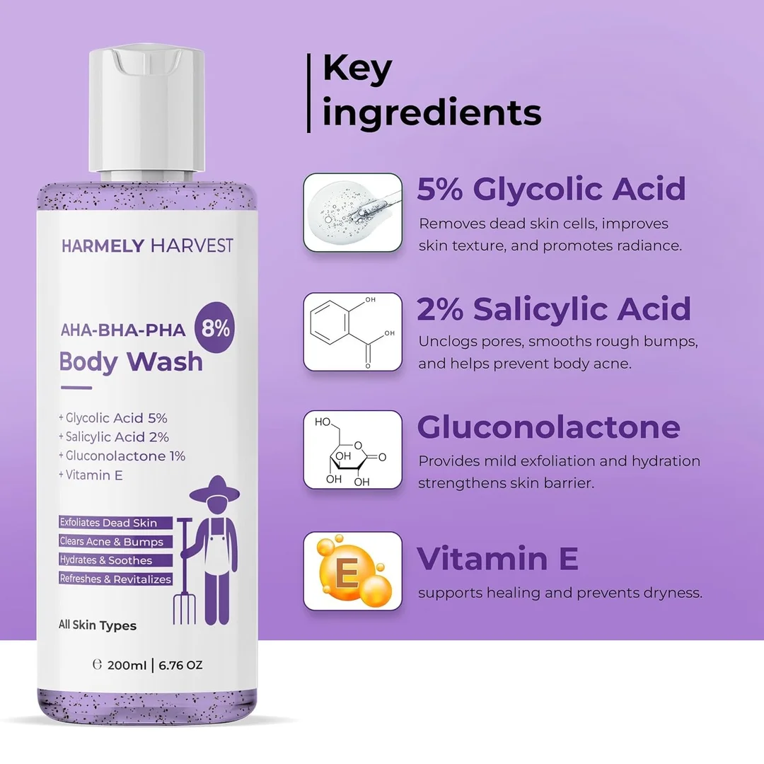 AHA BHA PHA 8% Exfoliating Body Wash 200ml + Total Care Hair Shampoo 250ml for Clear Smooth Skin, Reduced Hair Fall, Frizz Control|Stronger Hair with Glycolic Acid, Salicylic Acid, Capixyl,  Bhringraj, Aloe Vera| Vitamin E & B5 Combo image 2