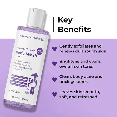AHA BHA PHA 8% Exfoliating Body Wash 200ml + Total Care Hair Shampoo 250ml for Clear Smooth Skin, Reduced Hair Fall, Frizz Control|Stronger Hair with Glycolic Acid, Salicylic Acid, Capixyl,  Bhringraj, Aloe Vera| Vitamin E & B5 Combo thumbnail 2