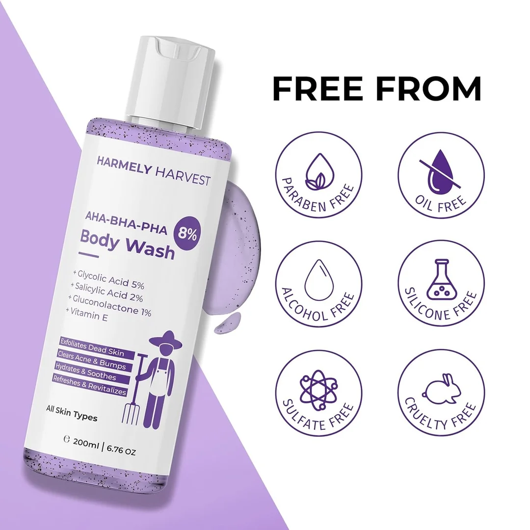 AHA BHA PHA 8% Exfoliating Body Wash 200ml + Total Care Hair Shampoo 250ml for Clear Smooth Skin, Reduced Hair Fall, Frizz Control|Stronger Hair with Glycolic Acid, Salicylic Acid, Capixyl,  Bhringraj, Aloe Vera| Vitamin E & B5 Combo image 5