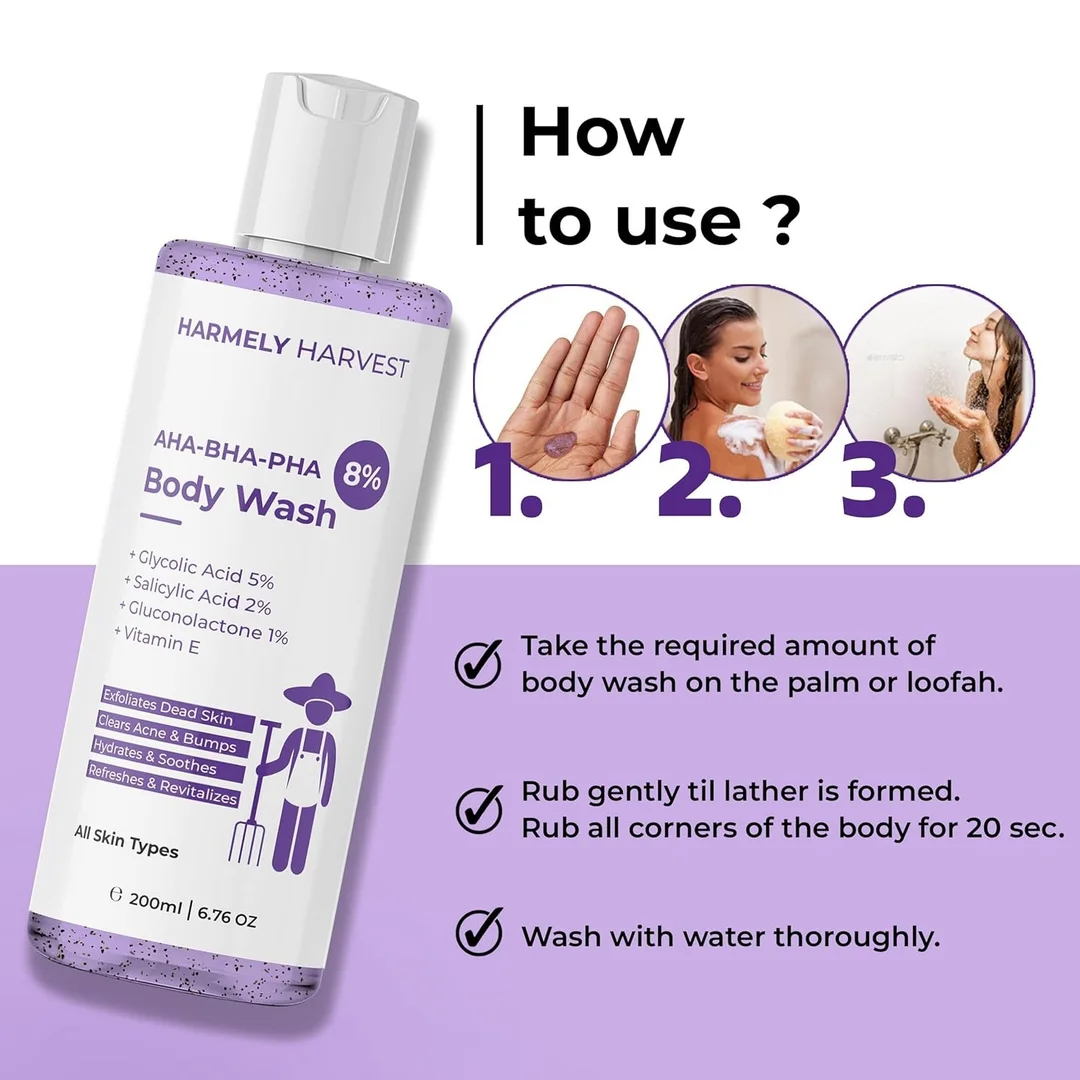 HARMELY HARVEST 8% AHA-BHA-PHA HARMELY HARVEST 8% AHA-BHA- | 5% Glycolic Acid, 2% Salicylic Acid & Gluconolactone | Reduces Body Acne, Bumps & Uneven Skin | Sulfate & Paraben Free | 200 ML image 2