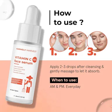 HARMELY HARVEST 10% Vitamin C Face Serum enhances skin glow & radiance. Infused with Niacinamide, Hyaluronic Acid, Ferulic Acid & Centella Asiatica for hydration, thumbnail 2