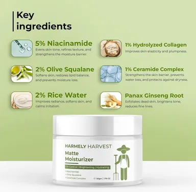 HARMELY HARVEST Matte Finish Face Moisturizer with 5% Niacinamide for Oil Control, Brightening & Hydrating Skin thumbnail 3
