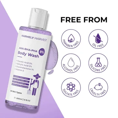 HARMELY HARVEST 8% AHA-BHA-PHA Exfoliating Body Wash with 5% Glycolic Acid, 2% Salicylic Acid & Gluconolactone | Reduces Body Acne, Bumps & Uneven Skin | Sulfate & Paraben Free thumbnail 4