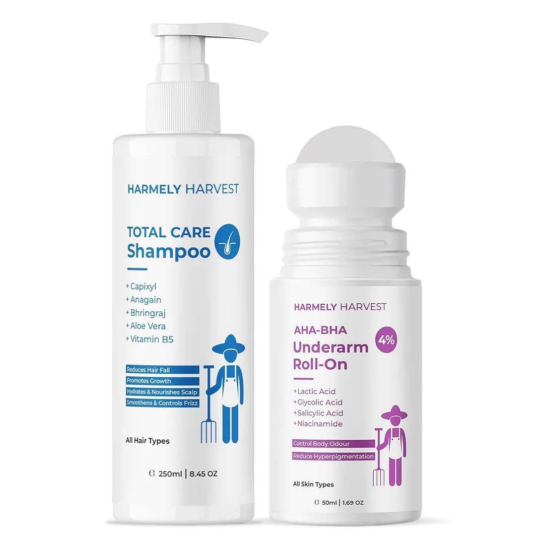 HARMELY HARVEST Total Hair & Body Care Combo | Hair Fall Control Shampoo with Capixyl, Anagain, Bhringraj & Vitamin B5 for Stronger Roots, Scalp Nourishment & Hair Growth (250ml) + 4% AHA BHA Underarm Roll-On image 6