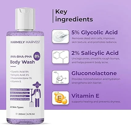3% AHA BHA Face Wash 100ml + AHA BHA PHA 8% Body Wash 200ml Combo for Acne Control, Oil Balance, Deep Cleansing & Exfoliation with Glycolic Lactic Salicylic Acid Vitamin E for Face & Body Care image 3