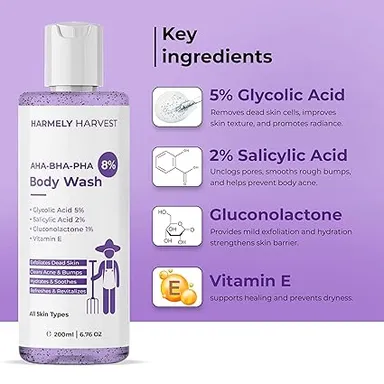 3% AHA BHA Face Wash 100ml + AHA BHA PHA 8% Body Wash 200ml Combo for Acne Control, Oil Balance, Deep Cleansing & Exfoliation with Glycolic Lactic Salicylic Acid Vitamin E for Face & Body Care thumbnail 2