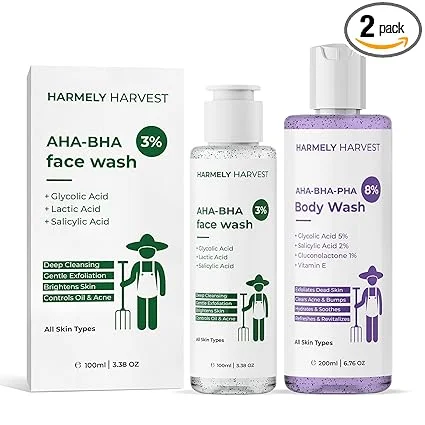 3% AHA BHA Face Wash 100ml + AHA BHA PHA 8% Body Wash 200ml Combo for Acne Control, Oil Balance, Deep Cleansing & Exfoliation with Glycolic Lactic Salicylic Acid Vitamin E for Face & Body Care image 1
