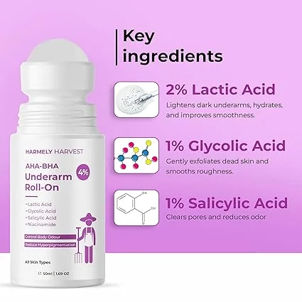 4% AHA BHA Underarm Roll-On for Dark Underarms Pigmentation Odour Control with Lactic Glycolic Salicylic Acid 50ml + Matte Face Moisturiser with 5% Niacinamide Ceramide Oil Control Hydration 50g Combo for Men Women image 2