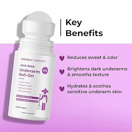 4% AHA BHA Underarm Roll-On for Dark Underarms Pigmentation Odour Control with Lactic Glycolic Salicylic Acid 50ml + Matte Face Moisturiser with 5% Niacinamide Ceramide Oil Control Hydration 50g Combo for Men Women image 4