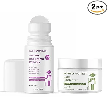 4% AHA BHA Underarm Roll-On for Dark Underarms Pigmentation Odour Control with Lactic Glycolic Salicylic Acid 50ml + Matte Face Moisturiser with 5% Niacinamide Ceramide Oil Control Hydration 50g Combo for Men Women image 1