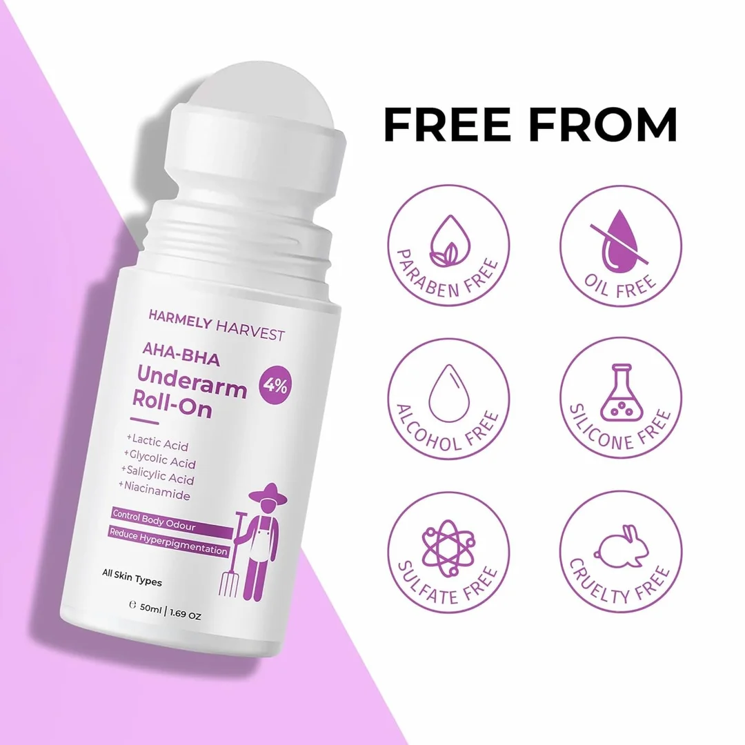 HARMELY HARVEST AHA BHA Combo Pack | Salicylic Acid Face Wash for Acne, Blackheads & Oil Control (100ml) + Underarm Roll On for Body Odour Removal & Dark Underarm Brightening with Niacinamide (50ml) – For Men & Women image 2