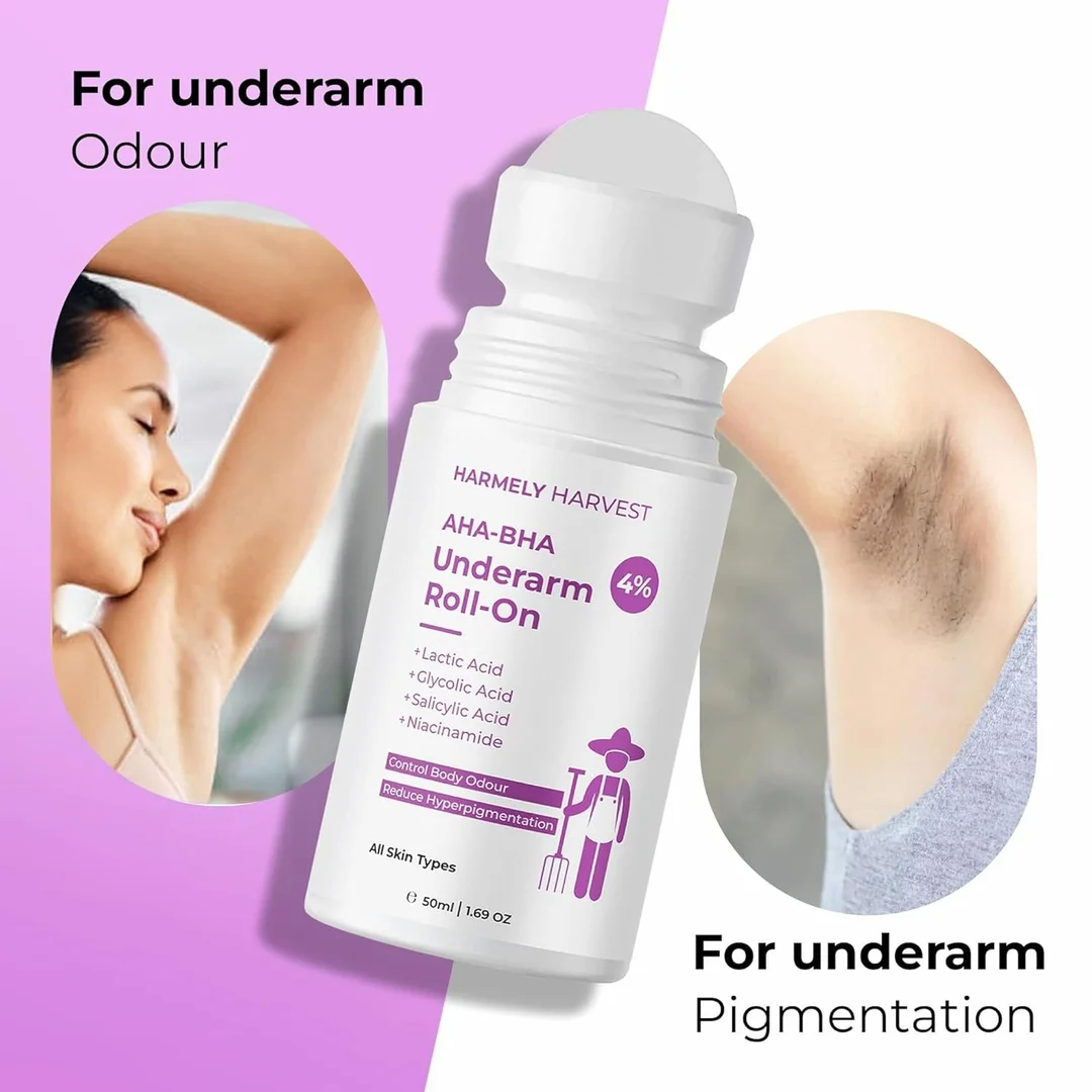 HARMELY HARVEST AHA BHA Combo Pack | Salicylic Acid Face Wash for Acne, Blackheads & Oil Control (100ml) + Underarm Roll On for Body Odour Removal & Dark Underarm Brightening with Niacinamide (50ml) – For Men & Women image 4