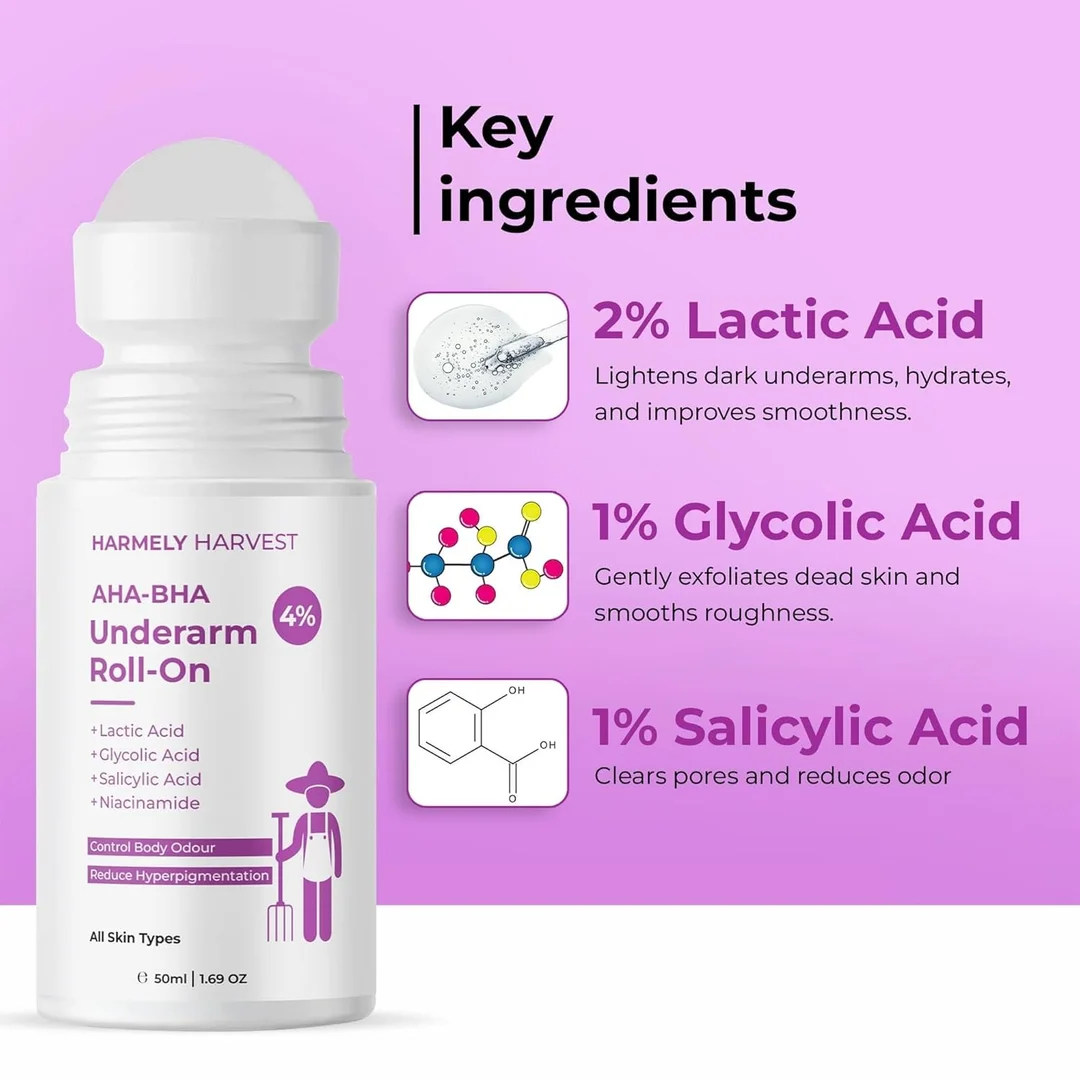 HARMELY HARVEST AHA BHA Combo Pack | Salicylic Acid Face Wash for Acne, Blackheads & Oil Control (100ml) + Underarm Roll On for Body Odour Removal & Dark Underarm Brightening with Niacinamide (50ml) – For Men & Women image 7