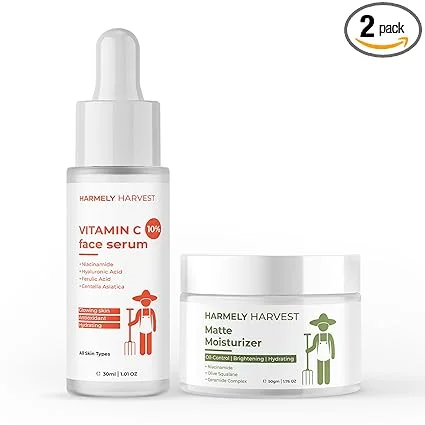 Vitamin C 10% Face Serum 30ml with Hyaluronic Acid & Ferulic Acid for Brightening Glow Hydration Anti Ageing + Matte Moisturizer 50g with 5% Niacinamide Ceramide Squalane for Oil Control Skin Barrier Repair Acne Marks Pigmentation image 1