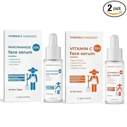 Niacinamide 10% Face Serum 30ml for Oil Control Dark Spots Acne Marks Brightening with Zinc PCA Vitamin B5 Matmarine + Vitamin C 10% Face Serum 30ml for Glowing Skin Hydration with Hyaluronic Acid Ferulic Acid Anti Ageing Combo image 1