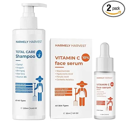 Total Care Hair Fall Control Shampoo 250ml with Capixyl Anagain Bhringraj for Strong Smooth Hair + Vitamin C 10% Face Serum 30ml with Hyaluronic Acid Centella for Bright Glowing Hydrated Skin Combo image 1
