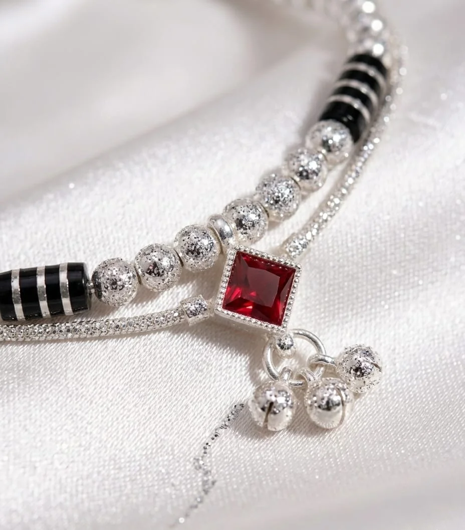 Vardaan Crystalx Women's Anklet, Silver with Red stone. Elegant pair of Anklets is designed for Women's and Girls, Pack of 2. High-fashion aesthetic. Perfect for both festive occasions and everyday luxury, image 3