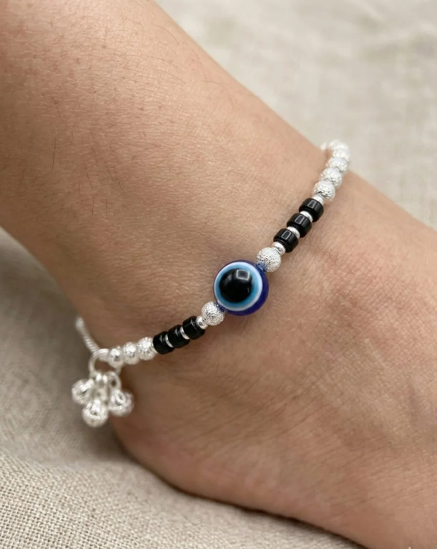 Vardaan Crystalx Women's Anklet, Silver with Evil Eye Protector stone. Elegant pair of Anklets is designed for Women's and Girls, Pack of 2. High-fashion aesthetic. Perfect for both festive occasions and everyday luxury. Fashion with Internal protection. image 3