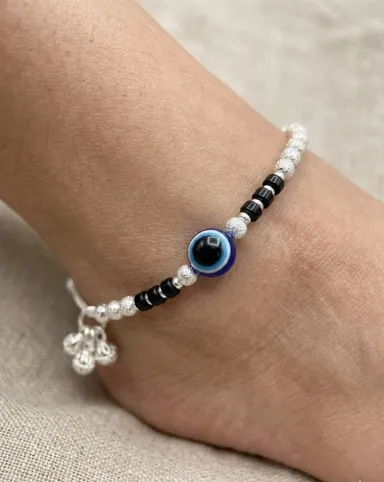 Vardaan Crystalx Women's Anklet, Silver with Evil Eye Protector stone. Elegant pair of Anklets is designed for Women's and Girls, Pack of 2. High-fashion aesthetic. Perfect for both festive occasions and everyday luxury. Fashion with Internal protection. thumbnail 2