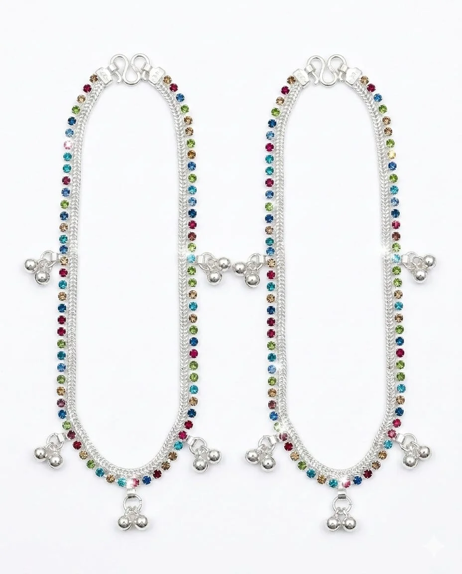 Women's Anklet, Silver sparkle chain of colored beads. Elegant pair of Anklets is designed for Women's and Girls, Pack of 2. High-fashion aesthetic. Perfect for both festive occasions and everyday luxury. Fashion and simplicity. image 2