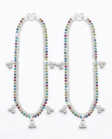 Women's Anklet, Silver sparkle chain of colored beads. Elegant pair of Anklets is designed for Women's and Girls, Pack of 2. High-fashion aesthetic. Perfect for both festive occasions and everyday luxury. Fashion and simplicity. thumbnail 1