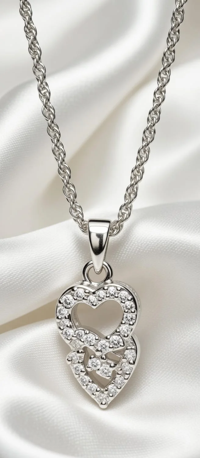 Women's Pendant is a delicate, feminine heart-shaped design in polished sterling silver |or silver-tone metal, featuring a romantic double-heart motif. High-fashion aesthetic. Perfect for both festive  image 2