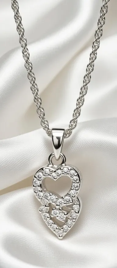 Women's Pendant is a delicate, feminine heart-shaped design in polished sterling silver |or silver-tone metal, featuring a romantic double-heart motif. High-fashion aesthetic. Perfect for both festive  thumbnail 1