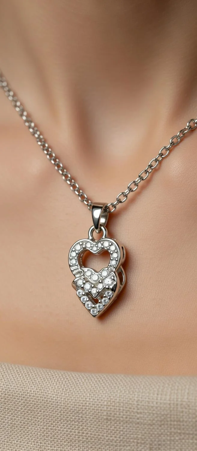 Women's Pendant is a delicate, feminine heart-shaped design in polished sterling silver |or silver-tone metal, featuring a romantic double-heart motif. High-fashion aesthetic. Perfect for both festive  image 4