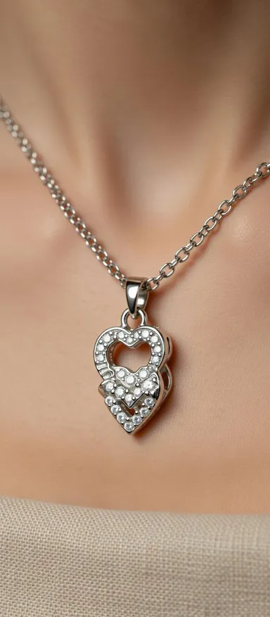 Women's Pendant is a delicate, feminine heart-shaped design in polished sterling silver |or silver-tone metal, featuring a romantic double-heart motif. High-fashion aesthetic. Perfect for both festive  thumbnail 3