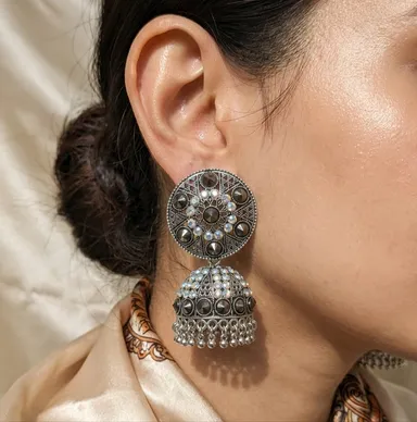 Stunning gold jhumkas adorned with vibrant red ruby stones and dangling beads | timeless elegance for every traditional celebration. Perfect for every women for every occasion thumbnail 1
