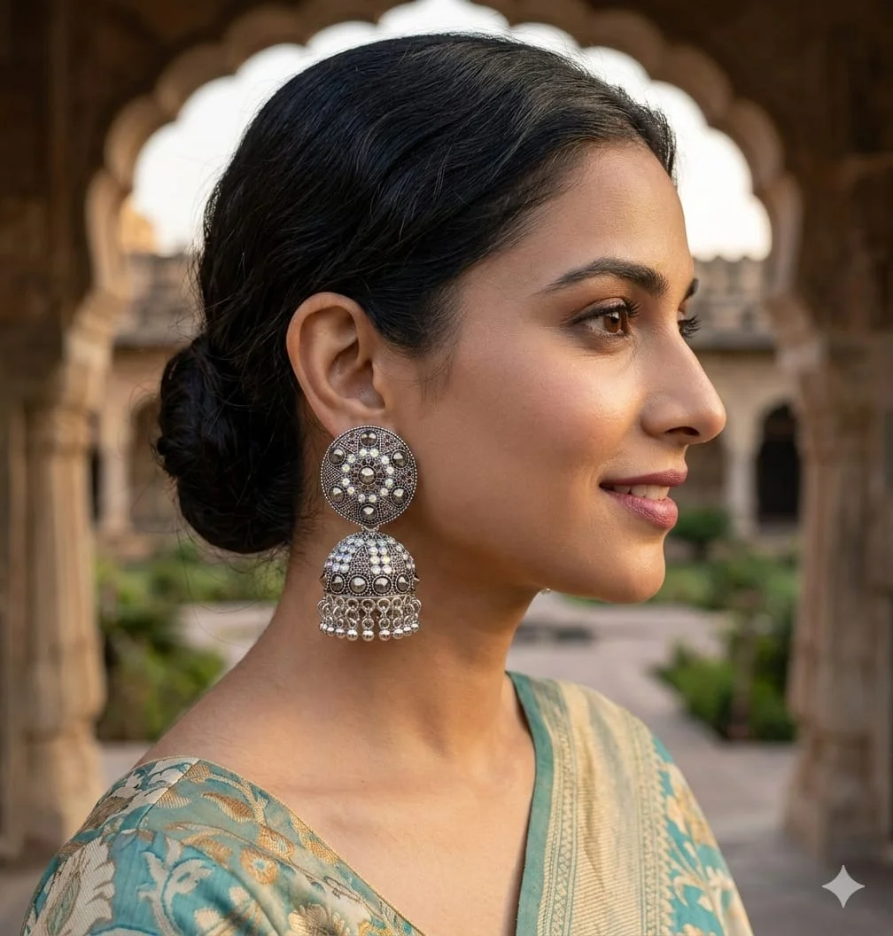 Stunning gold jhumkas adorned with vibrant red ruby stones and dangling beads | timeless elegance for every traditional celebration. Perfect for every women for every occasion image 4