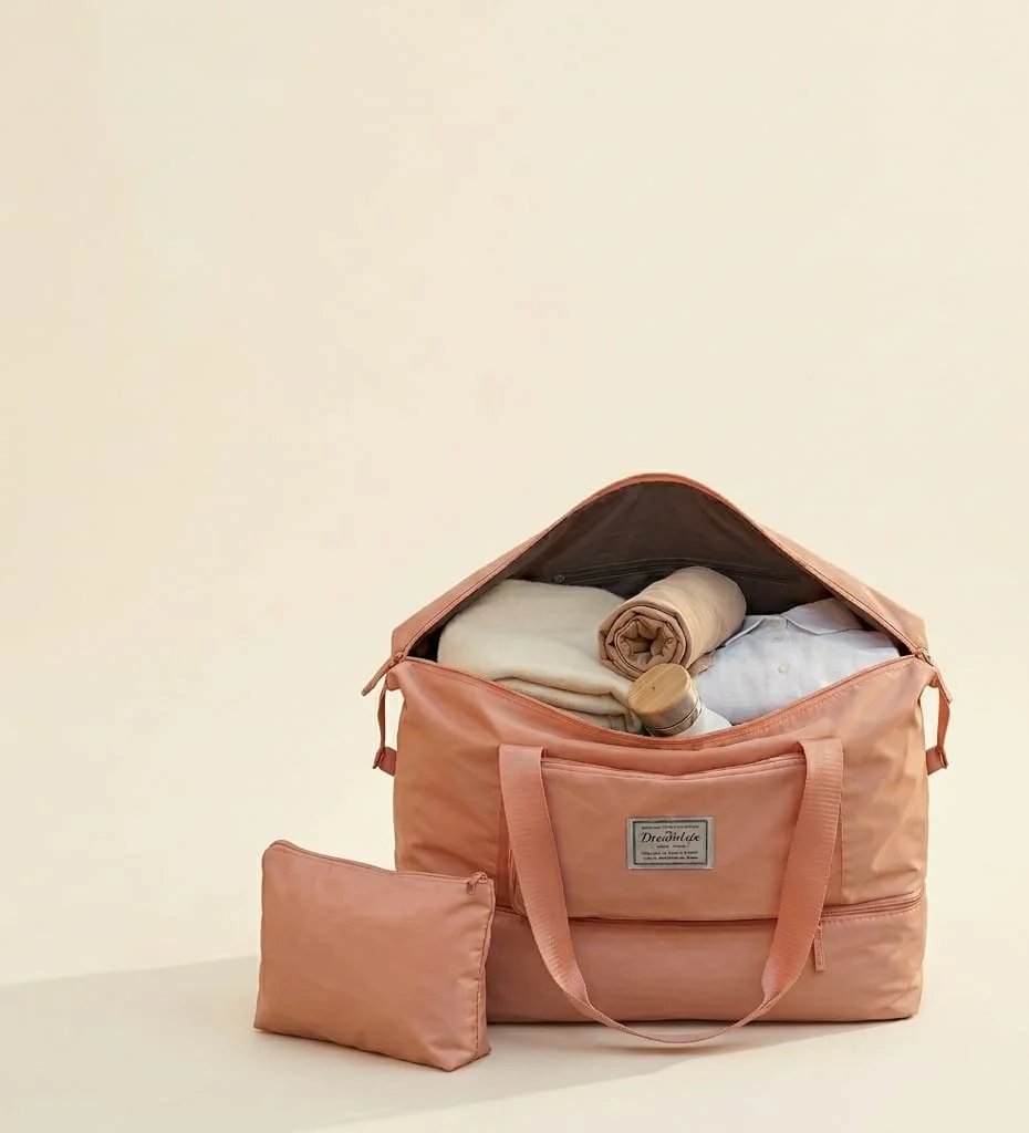 Ascension Foldable Duffle Bag for Travel Women Large Capacity Dry Wet Separation Luggage Carry On Shoulder Sports Gym Bag Waterproof Foldable Vanity Bag Peach image 2