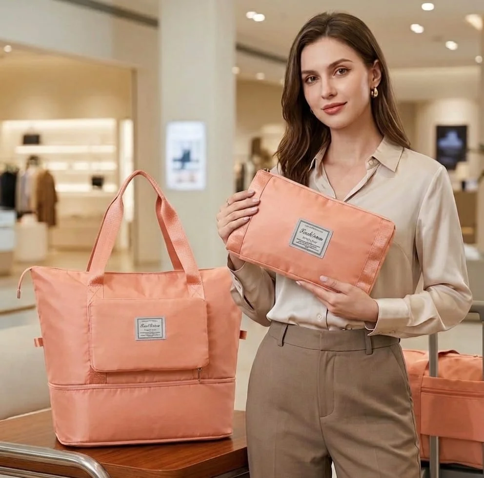 Ascension Foldable Duffle Bag for Travel Women Large Capacity Dry Wet Separation Luggage Carry On Shoulder Sports Gym Bag Waterproof Foldable Vanity Bag Peach image 3