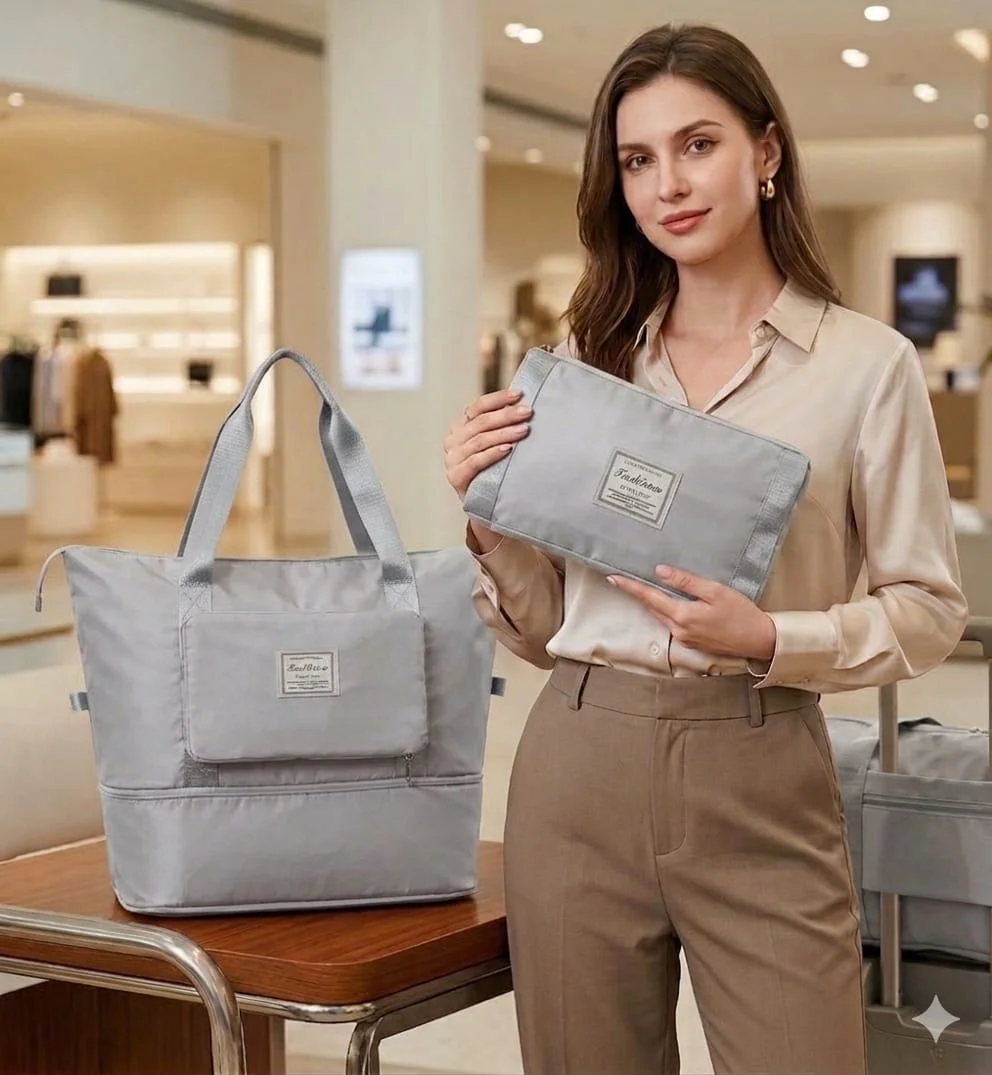 Ascension Foldable Duffle Bag for Travel Women Large Capacity Waterproof Carry On Luggage Bag Dry Wet Separation Gym Sports Shoulder Bag Foldable Vanity Bag Grey image 2