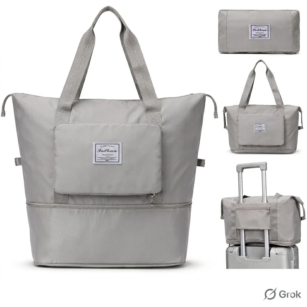 Ascension Foldable Duffle Bag for Travel Women Large Capacity Waterproof Carry On Luggage Bag Dry Wet Separation Gym Sports Shoulder Bag Foldable Vanity Bag Grey image 1