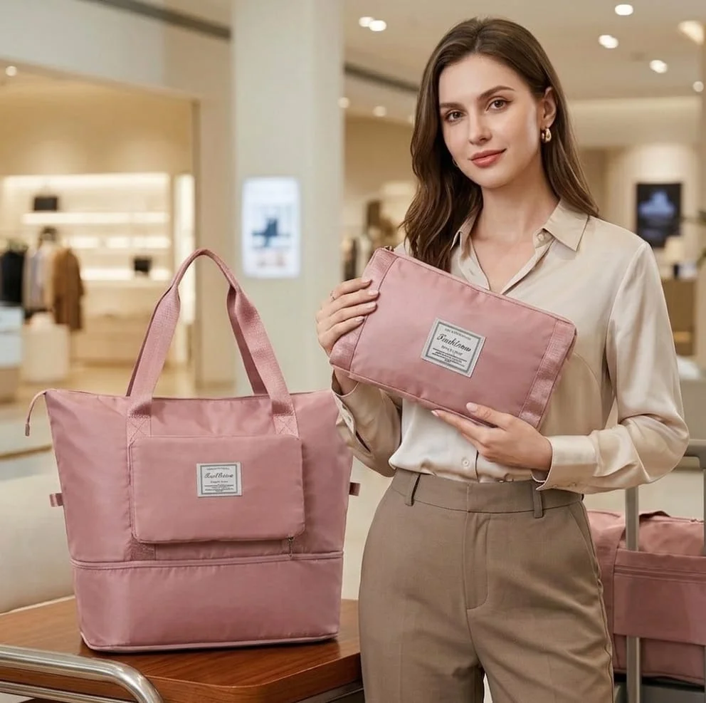 Ascension Foldable Duffle Bag for Travel Women Large Capacity Waterproof Carry On Luggage Bag Dry Wet Separation Gym Sports Shoulder Foldable Vanity Bag Dusty Pink image 2