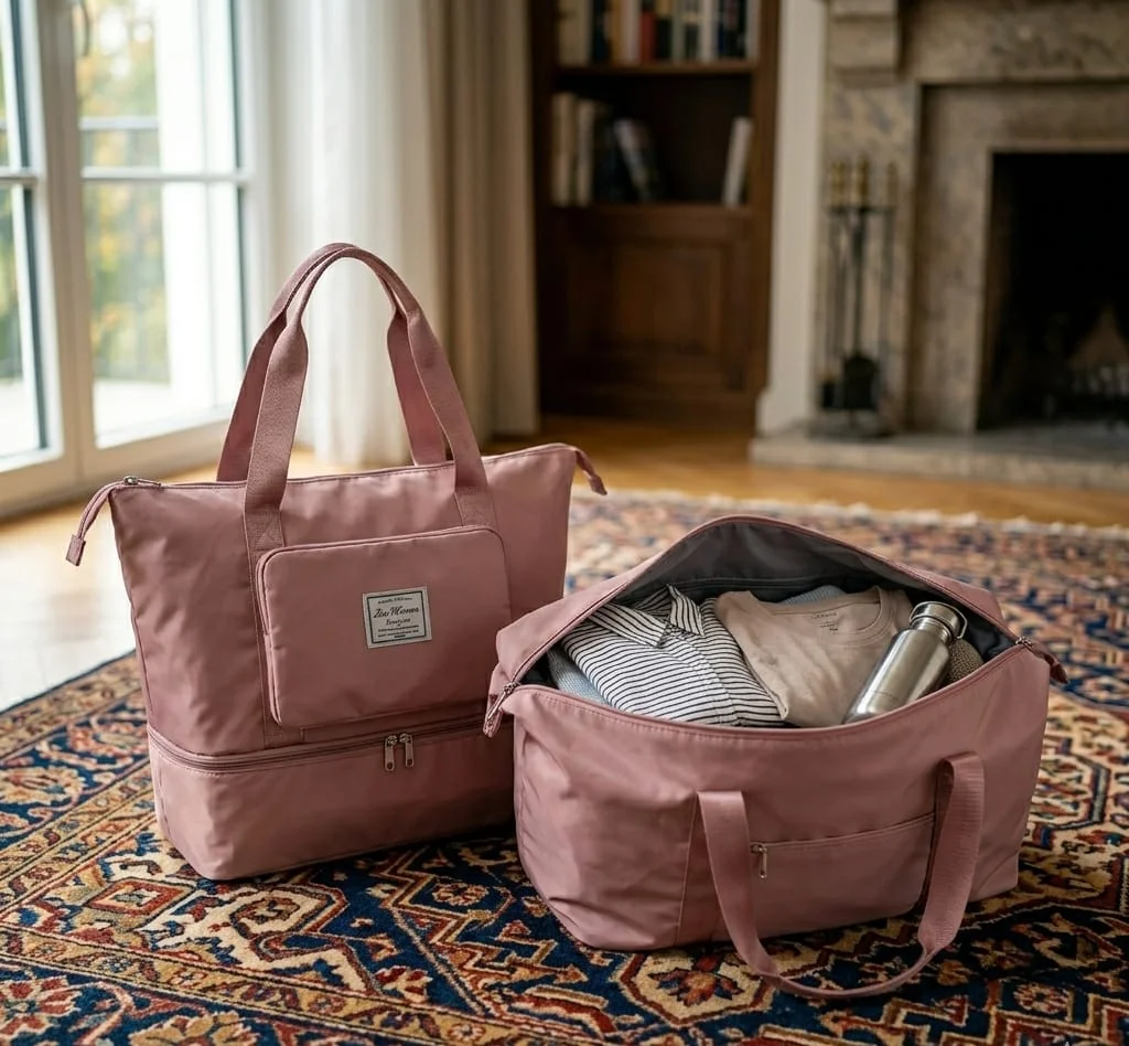 Ascension Foldable Duffle Bag for Travel Women Large Capacity Waterproof Carry On Luggage Bag Dry Wet Separation Gym Sports Shoulder Foldable Vanity Bag Dusty Pink image 3