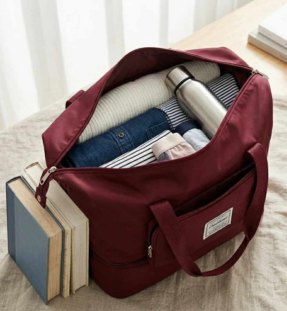 Foldable Duffle Travel Bag for Women Large Capacity Waterproof Carry On Luggage Maroon Dry Wet Separation Gym Sports Shoulder Foldable Storage Bag image 2