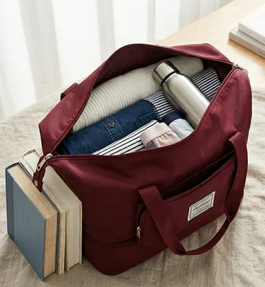 Foldable Duffle Travel Bag for Women Large Capacity Waterproof Carry On Luggage Maroon Dry Wet Separation Gym Sports Shoulder Foldable Storage Bag thumbnail 1