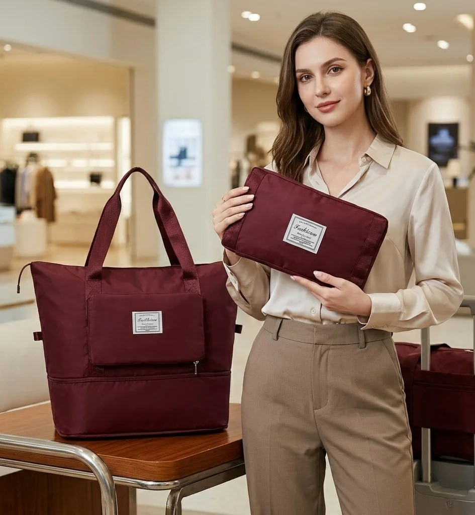 Foldable Duffle Travel Bag for Women Large Capacity Waterproof Carry On Luggage Maroon Dry Wet Separation Gym Sports Shoulder Foldable Storage Bag image 4