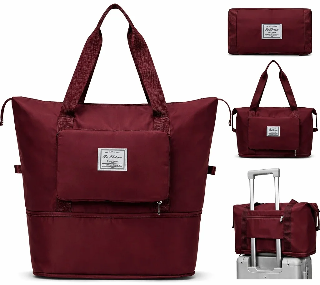 Foldable Duffle Travel Bag for Women Large Capacity Waterproof Carry On Luggage Maroon Dry Wet Separation Gym Sports Shoulder Foldable Storage Bag image 1