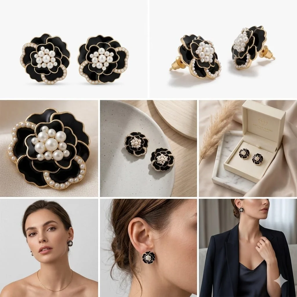 Tiso Black Pearl Gold Statement Stud Earrings for Women Party Wear Cubic Zirconia Crystal Alloy Brass Rhinestone Drops Danglers Hoop Stud Earring Set image 2