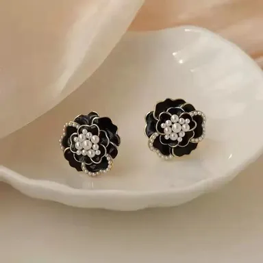 Tiso Black Pearl Gold Statement Stud Earrings for Women Party Wear Cubic Zirconia Crystal Alloy Brass Rhinestone Drops Danglers Hoop Stud Earring Set thumbnail 2